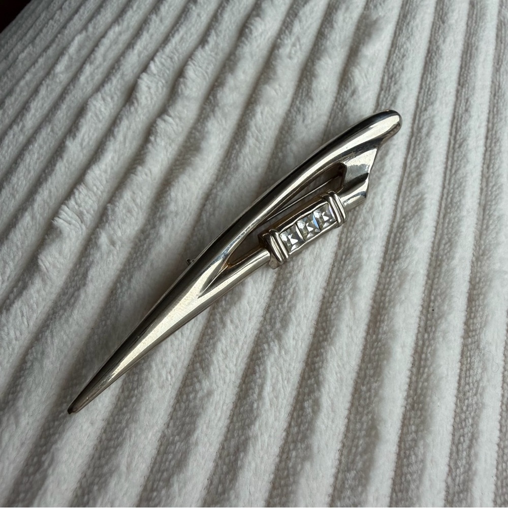 Vintage Silver-Tone Brooch with Clear Rhinestones | Sleek Modernist Design